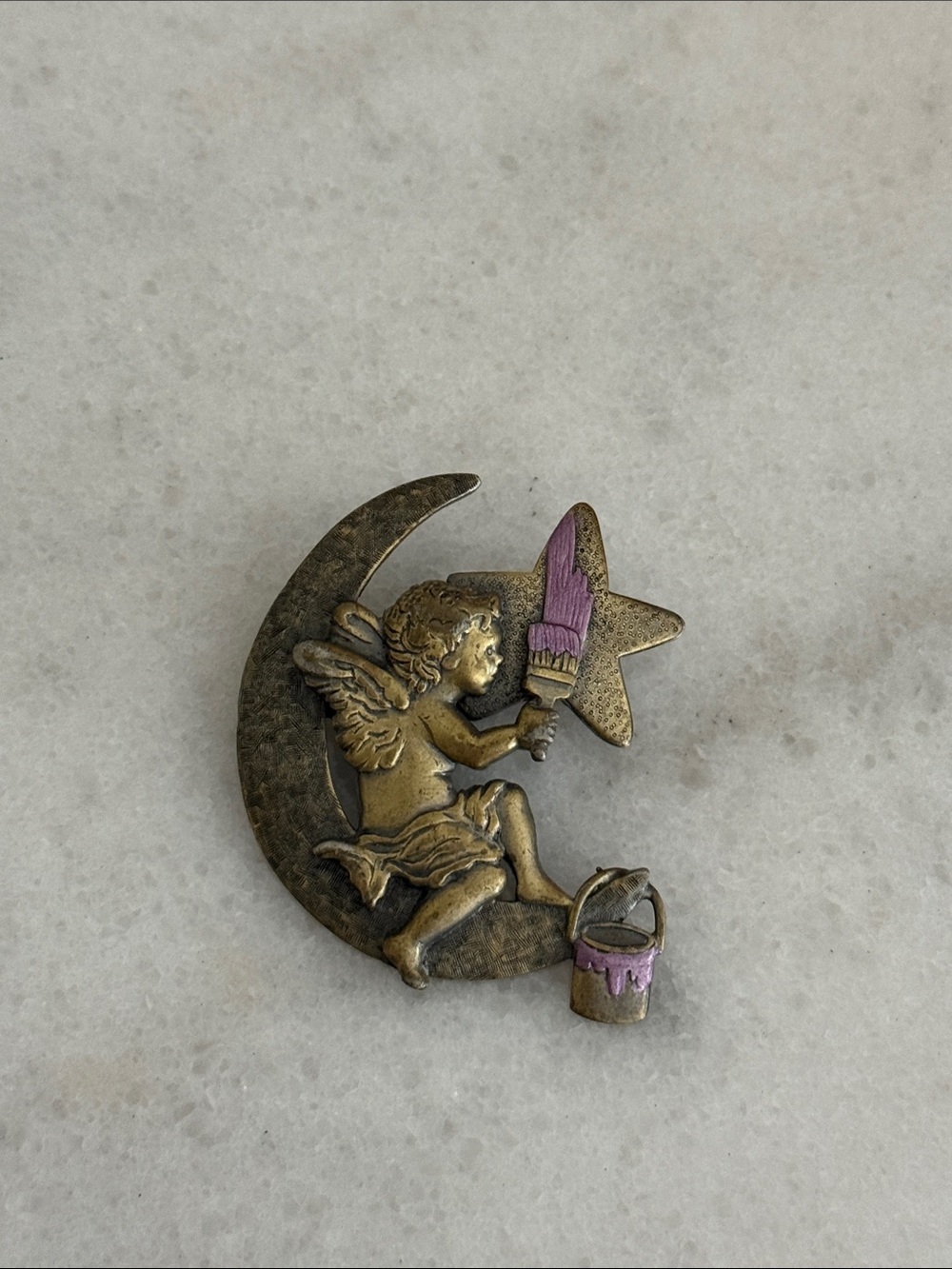 Vintage angel painting a star Jonette Jewelry brooch